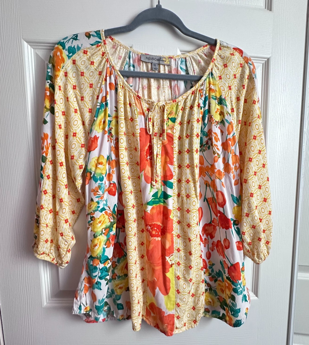 Figueroa & Flower Petite LG Floral Geometric Patchwork Peasant Blouse Cottage